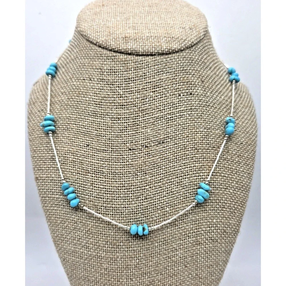 Genuine Turquoise Chips Liquid Silver 925 Necklace 18